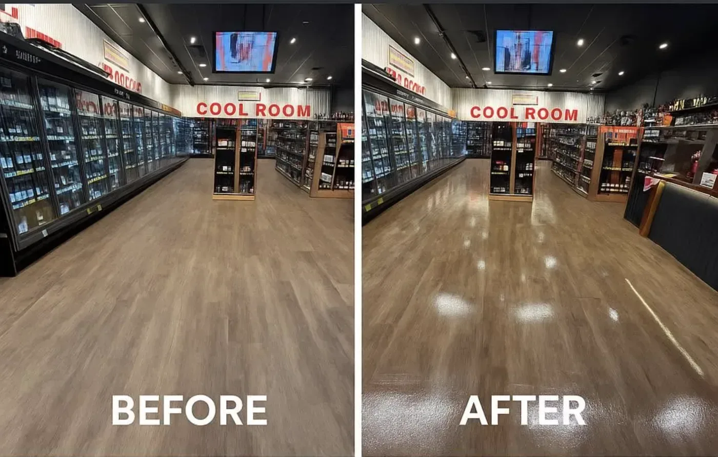 Strip and seal floor cleaning Brisbane: vinyl floor before and after stripping and sealing in a retail store