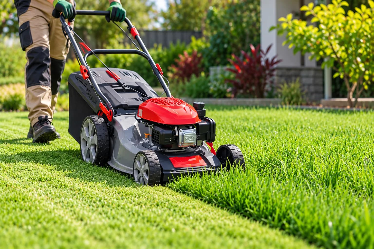 Gardener mowing a green lawn with a petrol mower at a Brisbane home